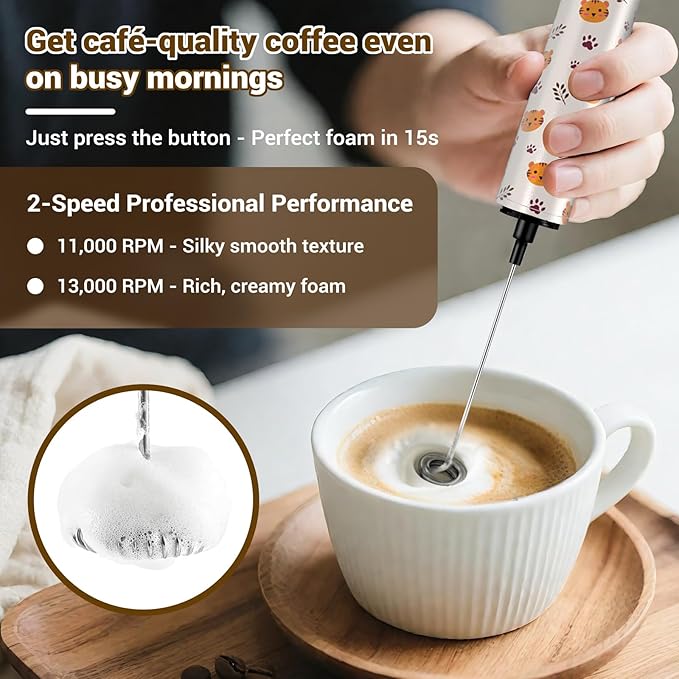 Milk Frother Handheld Rechargeable - 2-Speed Electric Whisk with 5 Detachable Heads (Frother/Mixer/Whisk) for Coffee, Latte, Cappuccino & Matcha, Drink Mixer (Flower 3)