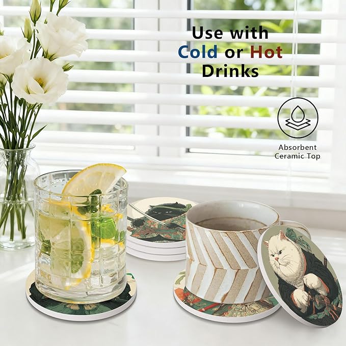 6Pcs Cat Coasters Ninja Edition with Holder, Funny Anime Cat Ceramic Drink Coaster for Kinds of Cups Coffee Table Decor Cats Lover Gifts