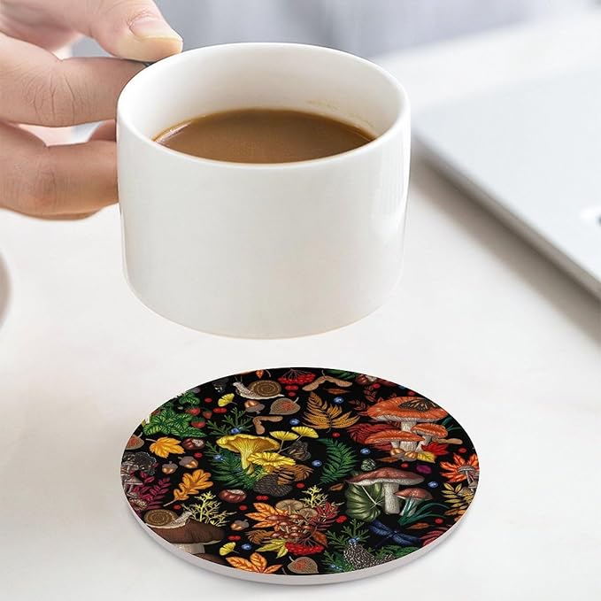 Round-4PCS Botanical Ceramic Coasters, Round Absorbent Drink Coasters, Rustic Cartoon Abstract Botanical Mushroom Plants Pattern Ceramic Table Coasters for Coffee, Beverage, Wine, Beer Coasters