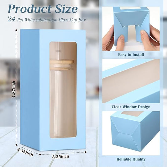 Honoson 24 Pcs Tumbler Gift Box with Ribbon for Sublimation Glass Exhibition Boxes Transparent for 12oz 16oz 20oz Drinking Cup Glasses Jars Mug Can Blanks(Light Blue)