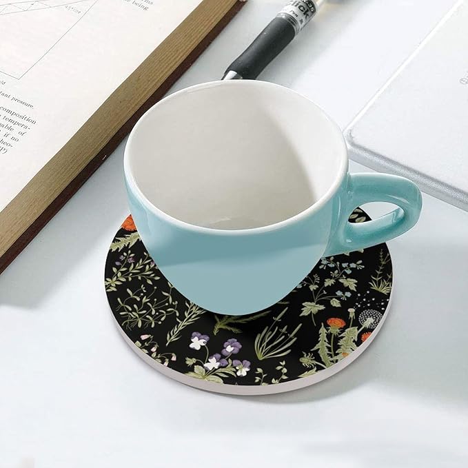 Botanical Drink Coasters, Round Ceramic Drink Coaster Round-4PCS, Colorful Cartoon Abstract Botanical Mushroom Plants Pattern Decor Absorbent Ceramic Coasters for Beverage Cup, Bar, Coffee Table