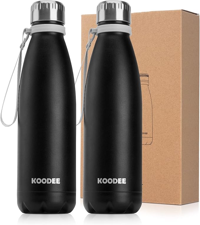 koodee 2 Pack Water Bottle -Stainless Steel Double Wall Vacuum Insulated Sports Water Bottle, 17 oz Cola Shape Travel Thermal Flask (Matte Black)
