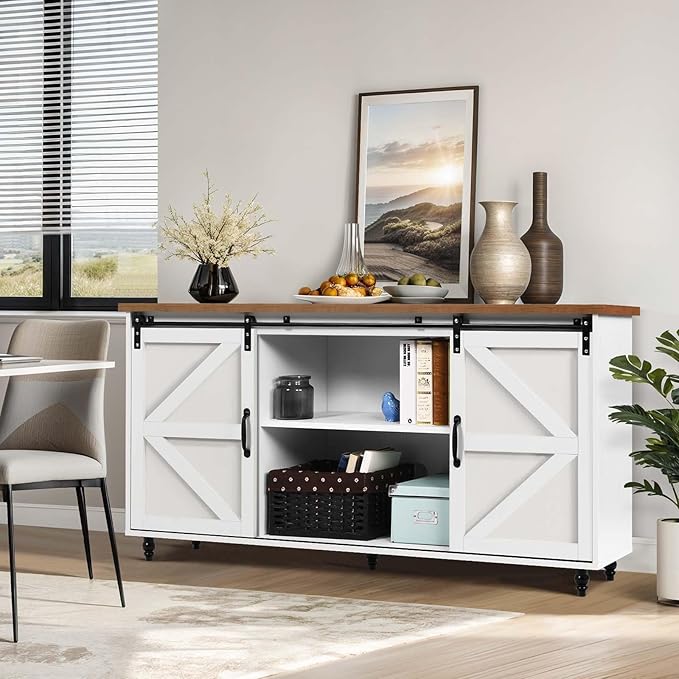 4ever2buy Farmhouse Coffee Bar Cabinet with Storage Sideboard Buffet Cabinet with Sliding Barn Doors 58 inch Buffet Table with Gourd Feet for Dining Room Living Room White