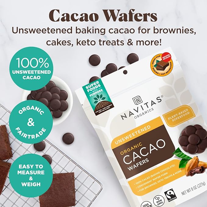 Navitas Organics Cacao Wafers – 100% Cocoa – Baking Chocolate For Hot Cocoa, Brownies, Cakes & More – Easy To Melt & Measure – USDA Organic, Fairtrade, Non GMO, Gluten Free (8oz. Bag, 17 Servings)
