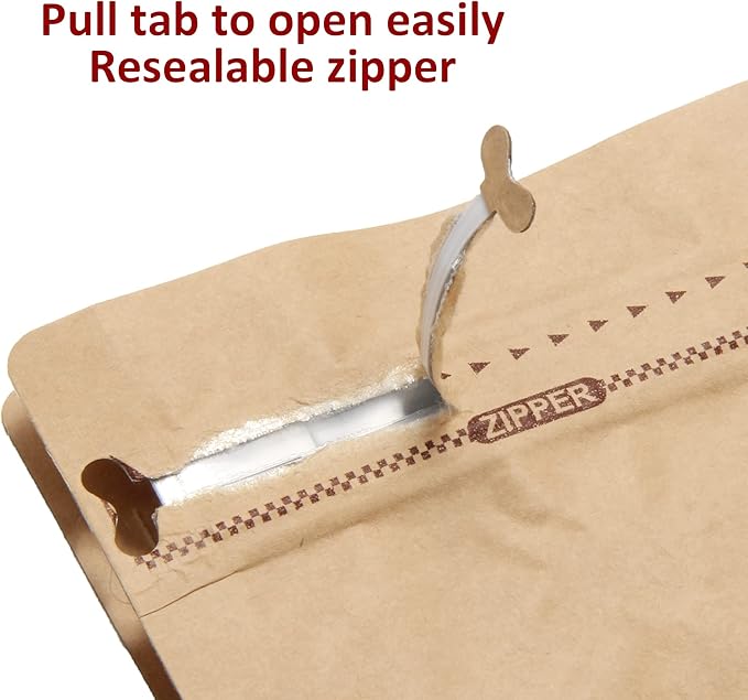Pack of 50 Kraft Paper Coffee Bag with One-Way Degassing Valve, Stand-up Resealable Zipper Lock, High Barrier Side Gusset Coffee Package Bags, Size 4.33 x 3.15 x 11.8" for 16oz/1lb/500g