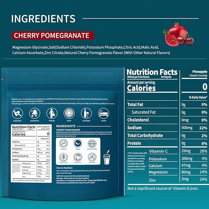 Electrolytes Powder Packets, 30 Sticks Hydration Packets Sugar Free, Electrolyte Drink Mix Portable Electrolyte Packet for Rapid Hydration, 0 Sugar & 0 Calorie, Cherry & Pomegranate Flavor