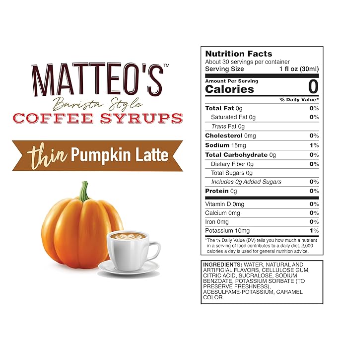 Matteo's Pumpkin Latte Syrup for Coffee, Lattes, Cappuccinos & Desserts – Sugar-Free Sweetener for Beverages, Keto Friendly, Zero Calories, Indulgent Flavor, Non-Alcoholic, 33.8oz (6pk)