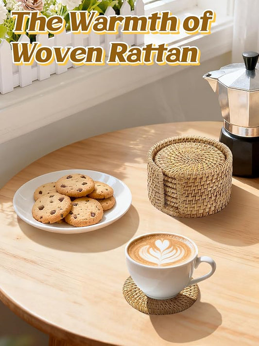 8pcs Natural Handmade Rattan Coasters with Holder - Wicker Drink Coasters Set for Protecting Table, Housewarming Gifts Boho Fall Home Décor