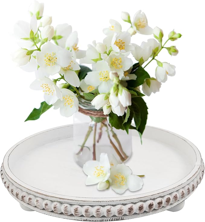 Decorative Tray: 12in White Round Wood Butler ServingTray Candle Holder Trays Vintage Centerpiece Farmhouse Ottoman Tray for Decor Countertop Home Decor Accessories