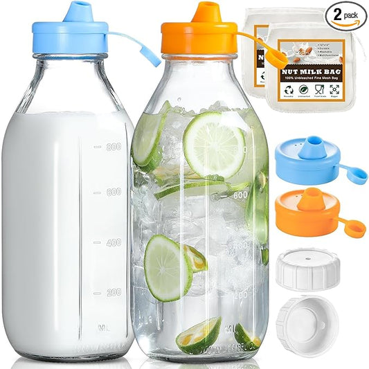 2 Pack 32 OZ Glass Milk Bottles with 2 Pour Spout Lids & 2 Nut Milk Bags & 2 Airtight Caps, Reusable Glass Bottles, Breast Milk Pitcher, Syrup, Honey, Water Jug, Juice Container for Refrigerator