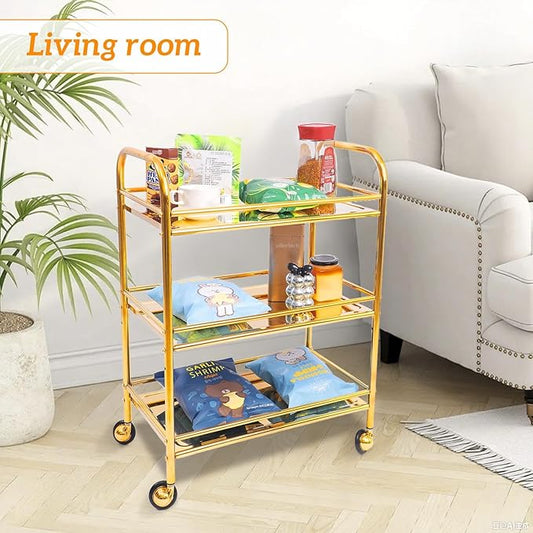 Gold 3 Tier Rolling Cart,Side Table with Wheels, Stainless Steel Trolley cart,End Table Living Room Coffee, Snack, and Bar, Easy Assembly Organizer Storage