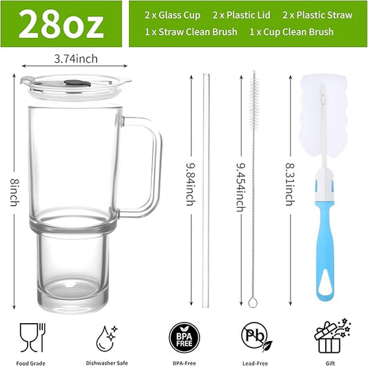 28oz Glass Coffee Cups with Lids and Straw,2 Pack Glass Tumbler with Handle for Cold & Hot Drinks Wide Mouth Travel Mug for Smoothies,Beer,Tea,Juice and Iced Coffee Cups with Lids and Straw