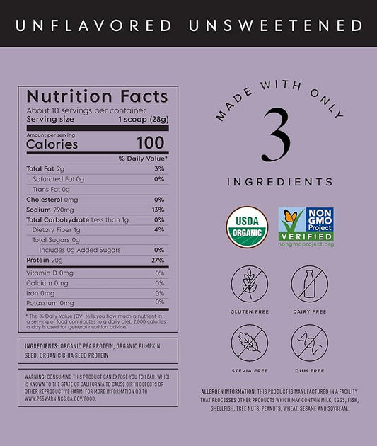 Truvani Vegan Pea Protein Powder | Unflavored | 20g Organic Plant Based Protein | 10 Servings | Keto | Gluten & Dairy Free | Low Carb | No Added Sugar