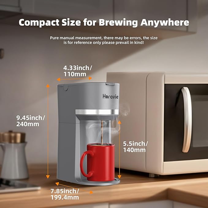 Horavie Mini Single Serve Coffee Maker for K Cup and Ground Coffee, Fast Brew One Cup Coffee Machine with Descaling Reminder and Water Window, 6 to 12 oz. Brew Sizes, Grey