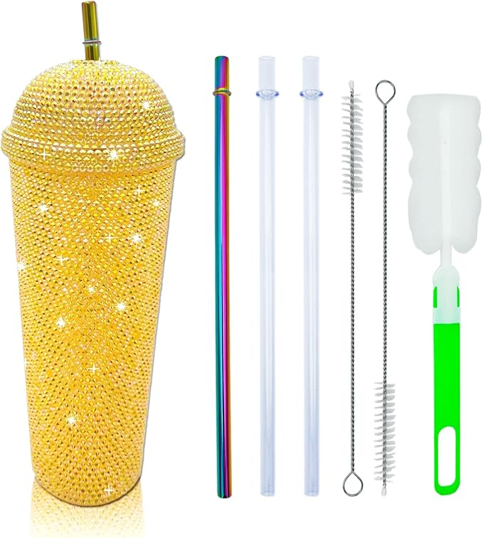 24oz Bling Cup Handmade Rhinestones Studded Tumbler Double Wall Insulated Plastic Reusable Water Bottle with Lid and Straws for Home Office Party Beach(Golden)