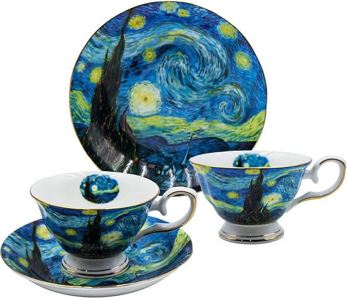 Floral Tea Cups Saucers Set of 2, Bone China 7 oz British Teacups Porcelain Coffee Cup for Rose Tea Cappuccino Espresso Latte (Starry Sky & Starry Sky)