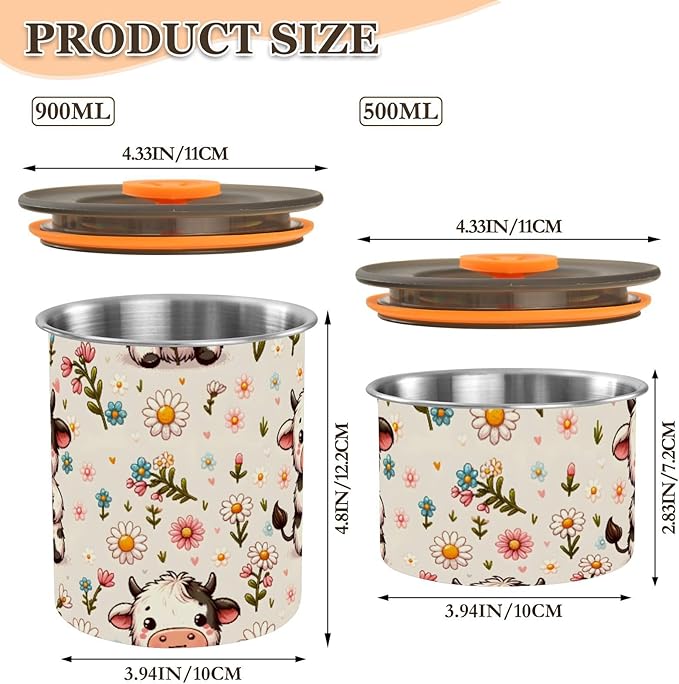 ALAZA Cute Cow Daisy Flower Airtight Coffee Bean Canister 500ml Food Storage Containers with Lids For Gournd, Tea, Sugar, Flour, Rice, Cereal, Candy Cookie Jar