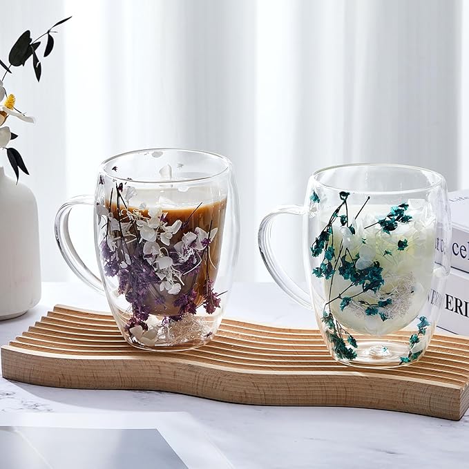 Rtteri 2 Pcs Double Wall Glass Coffee Mugs Clear Flower Coffee Mug with Handle 350 ml Creative Insulated Heat Resistant Coffee Cups for Tea Cappuccino Espresso Latte (Blue Flowers, Purple Flowers)