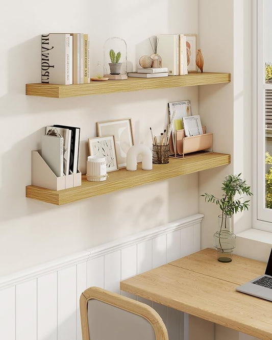 Marsmiles 16" Floating Shelves for Wall, Wooden Shelves with Invisible Brackets Set of 2, Rustic Farmhouse Wall Mounted Shelf for Kitchen Bathroom Living Room Study, Natural Oak