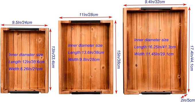 Coffee Table Tray Decorative Nested Vintage Wood Serving Tray Set for Eating, Breakfast, Party, Kitchen, Ottoman,Tea Coffee Table Large Ottoman Trays (Wood, 3Pc)