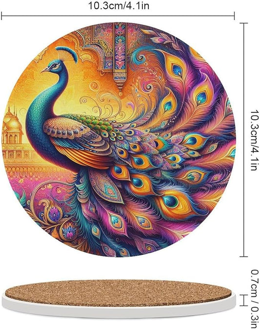 Round-4PCS Peacock Ceramic Coasters, Round Absorbent Drink Coasters, Boho Art Beautiful Colorful Floral Peacock Pattren Ceramic Table Coasters for Coffee, Beverage, Wine, Beer Coasters