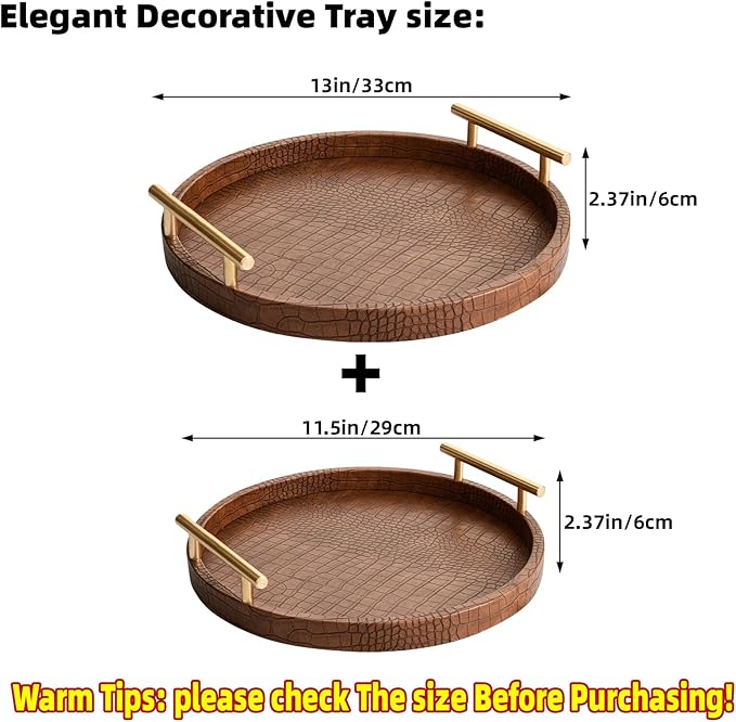 Modern Decorative Serving Tray, Set of 2 Modern Crocodile Leather Round Trays with Polished Metal Handles, Decorative Trays Coffee Table Tray Ottoman Platter for Home Decor (Brown)