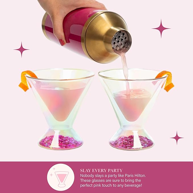 Paris Hilton 2-Piece Martini Glass Set, Double Wall Glass Design, Great for Martinis, Cocktails, Cosmopolitans, Margaritas, 207mL, 7-Ounce, Iridescent with Glitter Hearts