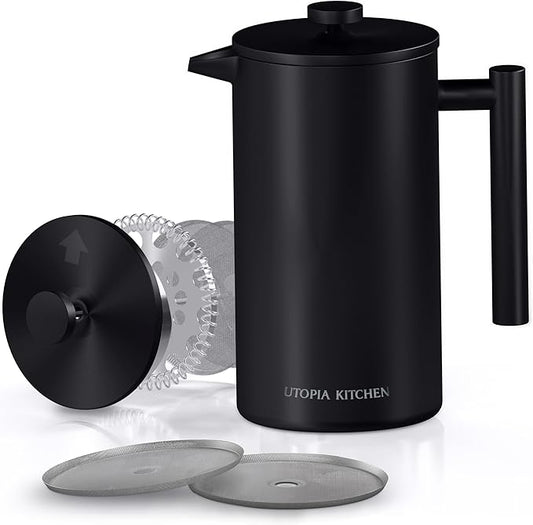 Utopia Kitchen 304 Grade Stainless Steel French Press Coffee Maker 34 Oz, Double Wall Insulated Coffee Press with 4-Level Filtration system, Include 2 Extra Filters, Rust-Free, Black