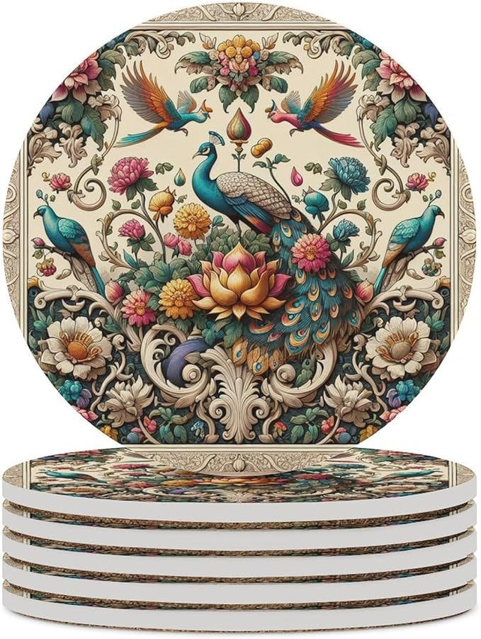 Round-6PCS Peacock Ceramic Coasters, Round Absorbent Drink Coasters, Beautiful Plant Colorful Floral Peacock Boho Art Ceramic Table Coasters for Coffee, Beverage, Wine, Beer Coasters