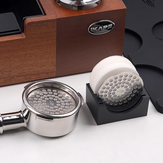 IKAPE Espresso Coffee Accessories, 51mm Puck Screen 4-piece Set with 2 Ultra-thin Puck Screen, 200 pcs Paper Filters, and a Stand Holder - Elevate Your Coffee Experience