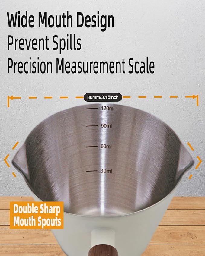 Lunaker Espresso Cups - 4OZ Espresso Shot Cup with Wooden Handle -Measuring Cup with Double Spouts - Coffee Bar Accessories, White （2 Pcs）