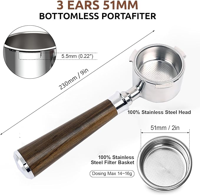 51mm Bottomless Portafilter 3 Ears, Davonpha Professional Espresso Portafilter 51mm compatible with De-longhi EC680, EC685 & EC885 Espresso Machine, Stainless Steel Basket and Black Rosewood Handle