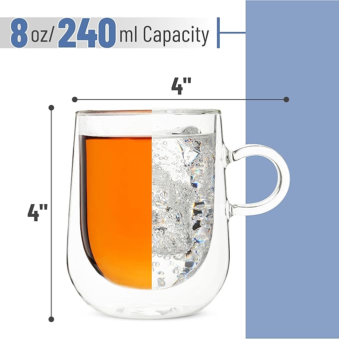 BTaT- Double Walled Glass Coffee Mugs, 8 oz, Set of 4, Glass Coffee Cups with Handle, Insulated Clear Coffee Mug for Hot and Cold Beverages, Cappuccino, Latte, Tea, Americano, Microwave Safe