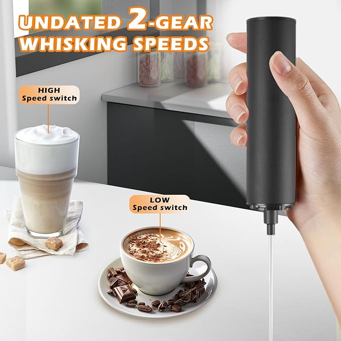 Electric Milk Frother Handheld Rechargeable with Cover-Coffee Frother Wand, Drink Mixer Handheld with 2 Detachable Stainless Whisks 2 Speed Adjustable for Latte, Cappuccino, Matcha, Egg (Black)