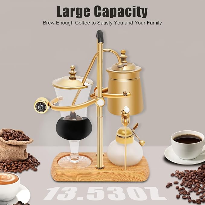 TFCFL Balance Siphon Coffee Maker, 13.53oz Vintage Gravity Coffee Maker with faucet & measuring cup, for Offices Lounge Bars & Cafes (Gold)