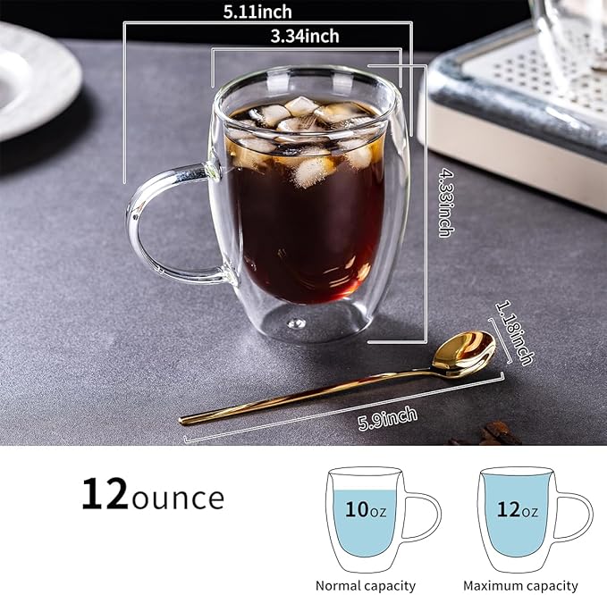 Double Wall Glass Coffee Mugs Set, Set Of 2 Glass Cup with 2 Gold Spoons, Clear Coffee Mug 12oz for Cappuccino, Latte, Milk, Tea, Hot and Cold Beverages, Housewarming Wedding Present Gifts