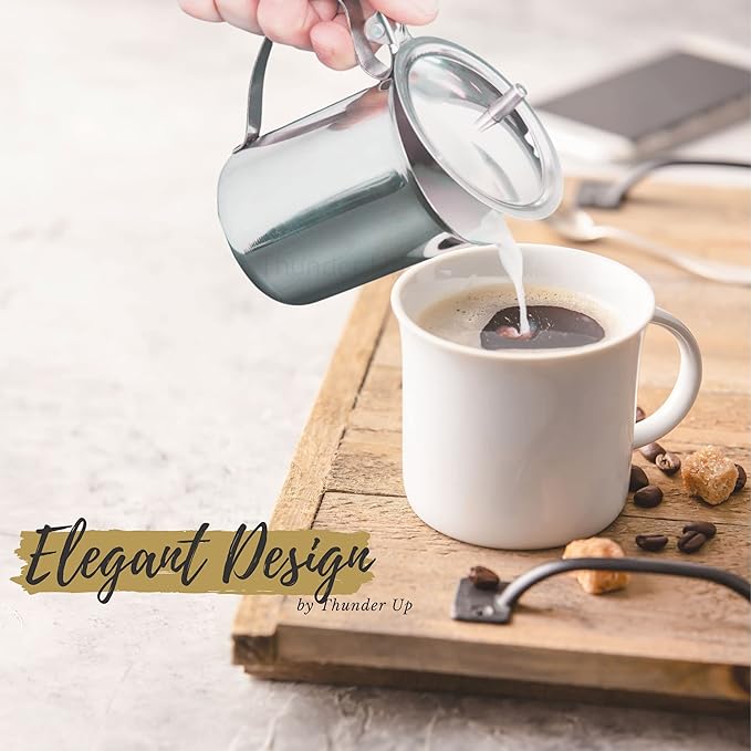 Thunder Up Creamer with Lid 10 Oz, Coffee Creamer Container, Small Stainless Steel Milk Pitcher, Coffee Cream Dispenser, Creamer Pitcher with Lid