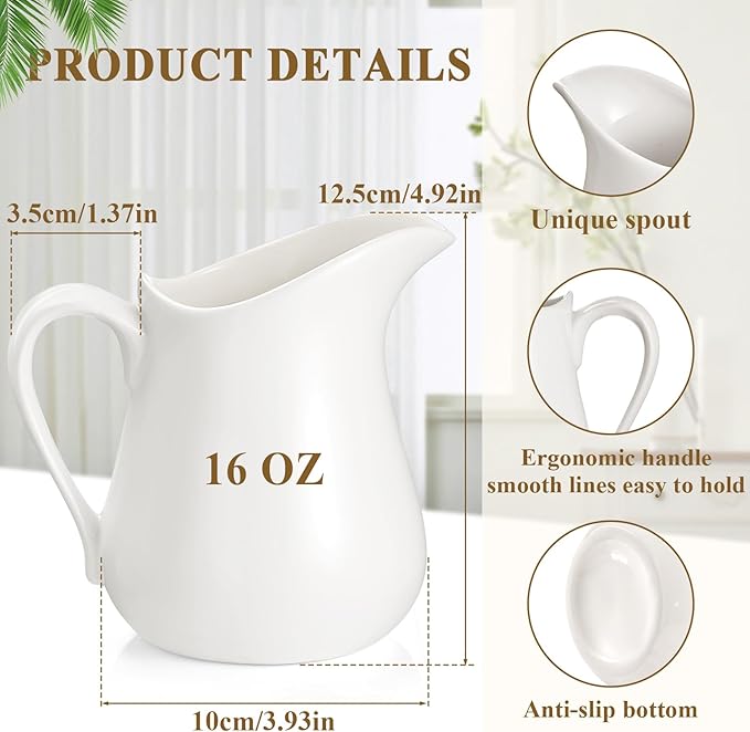 Nuanchu 2 Pcs 16 oz Creamer Milk Pitcher, Classic White Porcelain Creamer with Handle, Ceramic Maple Syrup Dispenser, Coffee Dairy Container for Milk Sauce Salad, Microwave