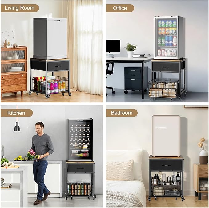 Housolution Mobile Mini Fridge Stand with Storage, Height-Adjustable Mini Beverage Fridge Table, Coffee Bar, 200 lbs Heavy-Duty Compact Refrigerator Shelf with Rolling Cabinet for Kitchen Home Office