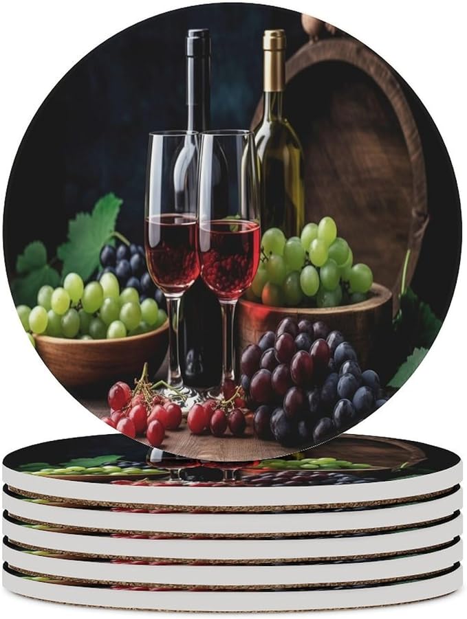 Round-6PCS Red Wine Ceramic Coasters, Round Absorbent Drink Coasters, Retro Wood Style Red Wine Bottle and Grapes Plant Pattern Ceramic Table Coasters for Coffee, Beverage, Wine, Beer Coasters