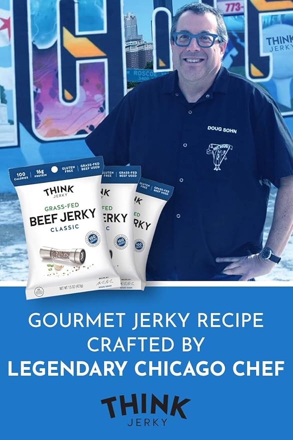 Think Jerky Classic Beef Jerky, Grass-Fed High Protein Beef, Gluten Free, No Antibiotics or Nitrates, Healthy Chef Crafted Recipe, Low Calorie and Low Fat - 1.0 oz Bags, 12 Pack