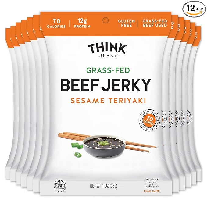 Think Jerky Sesame Teriyaki Beef Jerky, Grass-Fed High Protein Beef, Gluten Free, No Antibiotics or Nitrates, Healthy Chef Crafted Recipe, Low Calorie and Low Fat - 1.0 oz Bags, 12 Pack