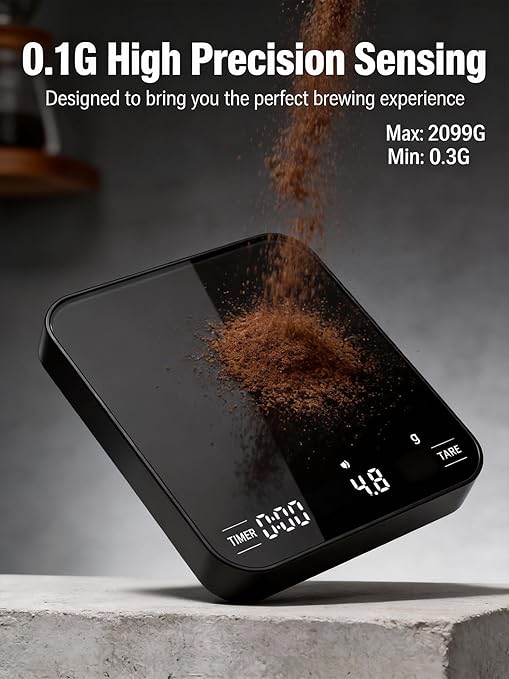 Mini Coffee Scale Digital - 4 Modes, 0.1g Precision, Touch Screen LED Display, 500mAh Type-C Rechargeable, 2099g Max Capacity, Waterproof & Compact for Espresso, Pour Over Coffee, Cooking & Baking