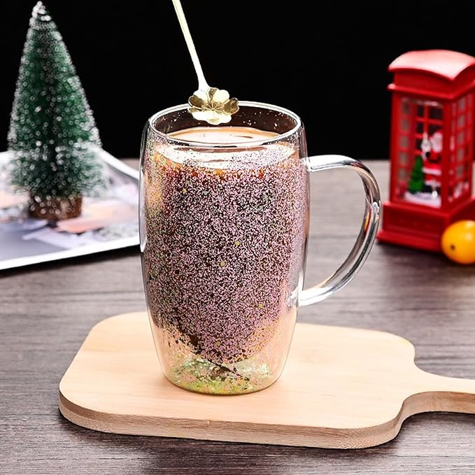Creative Flowers Double Wall Clear Glass Coffee Mug with Handle, Aesthetic Dried Flowers Coffee Mug, Clear Double Insulated Glass Cup for Hot and Cold Beverages, Cappuccino, (B)