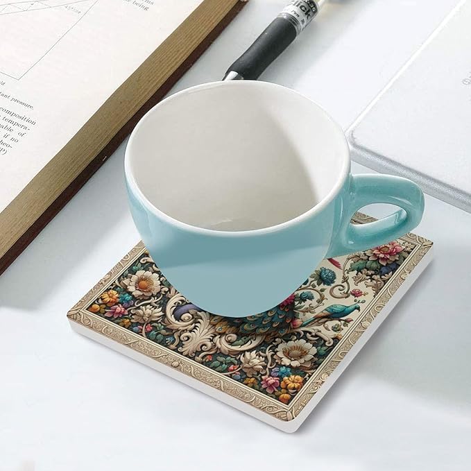 Square-4PCS Peacock Ceramic Coasters, Square Absorbent Drink Coasters, Beautiful Plant Colorful Floral Peacock Boho Art Ceramic Table Coasters for Coffee, Beverage, Wine, Beer Coasters