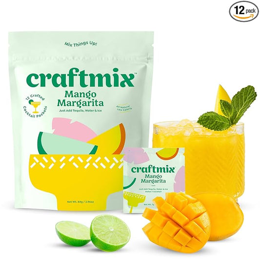 Craftmix Mango Margarita Cocktail & Mocktail Drink Mixer, Skinny Mixes - Water Flavoring Packets - Made With Real Fruit - Vegan, Low-Carb, Low-Sugar, Non-GMO, Dairy Free, Gluten Free, 12 Pack
