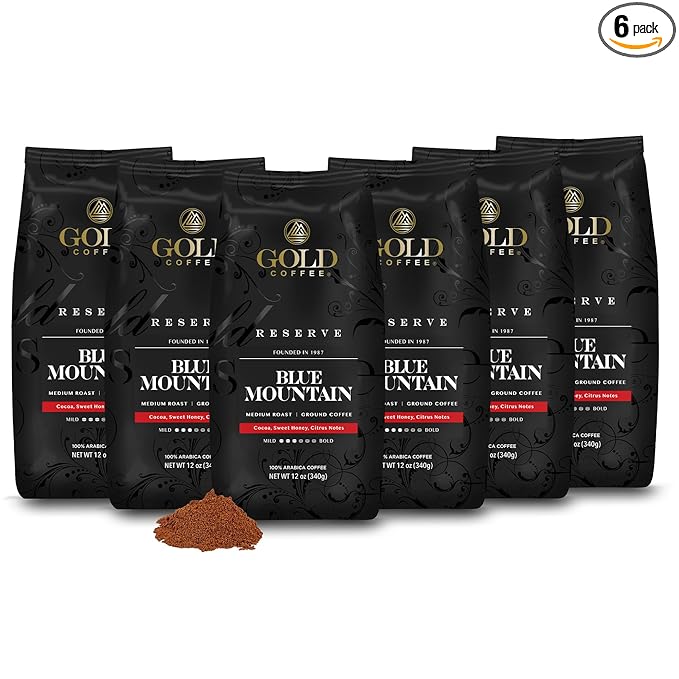 Gold Coffee | Blue Mountain Premium Blend, Medium Roast, Ground | 100% Arabica Coffee, 12 Oz (Pack of 6)