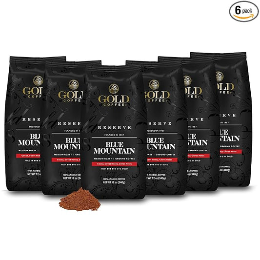 Gold Coffee | Blue Mountain Premium Blend, Medium Roast, Ground | 100% Arabica Coffee, 12 Oz (Pack of 6)