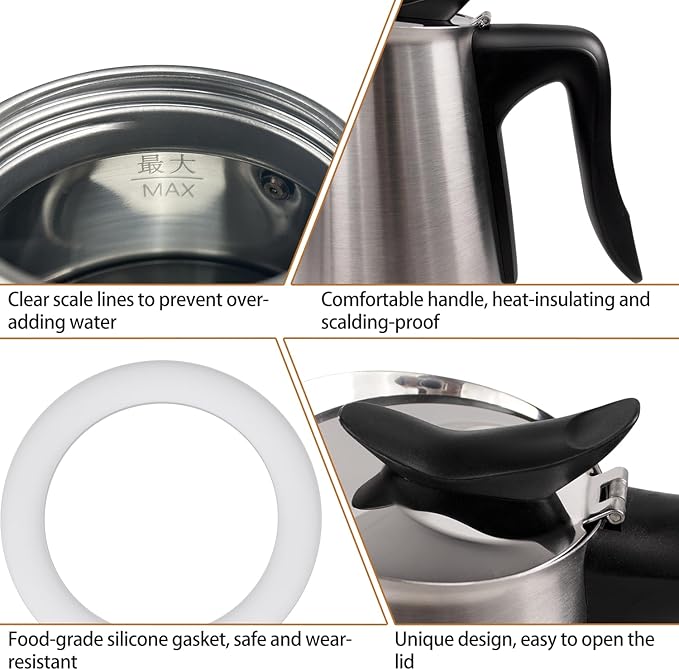 Vaolvpant Electric Stainless Steel Moka Pot 6 Cup 300ml Mocha Pot Espresso Maker with Detachable Base Ideal Coffee Maker for Home Italian and Cuban Café Coffee maker Espresso maker Coffee Pot