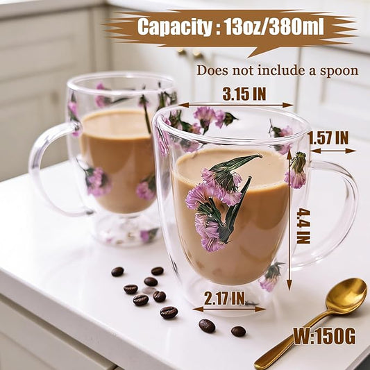 Viovian 13oz Double Wall Glass Coffee Mugs Set of 2 Insulated Glass Coffee Cups with Handles,Clear Dried Flower Tea Mug for Hot Beverages,Tea Cup Women Birthday Gifts